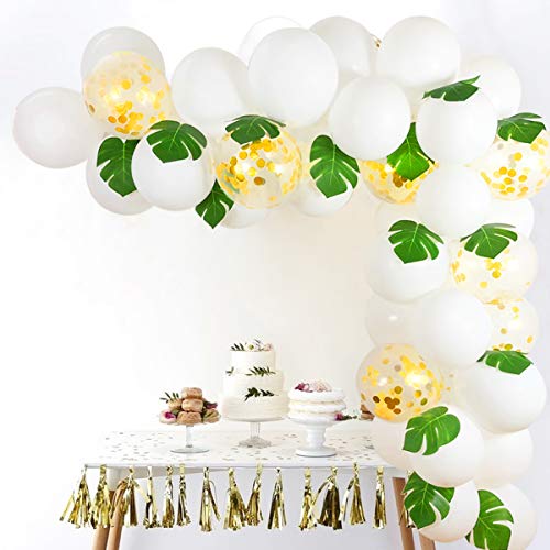 Product Cover White Gold Confetti Balloons Arch, 12 Inch 40pcs Latex Balloons with 12pcs Palm Leaves 16 FT Balloon Strip Set for Baby Shower Bachelorette Party Supplies Backdrop Wedding Decorations