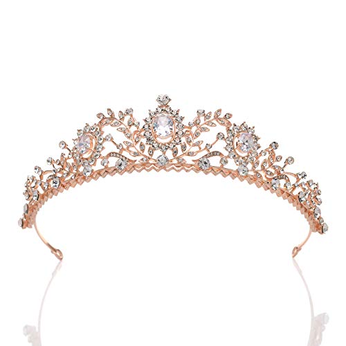 Product Cover SWEETV Rose Gold Wedding Tiara for Women - Rhinestone Princess Tiara Headband, Prom Queen Tiara Crown Bridal Headpiece