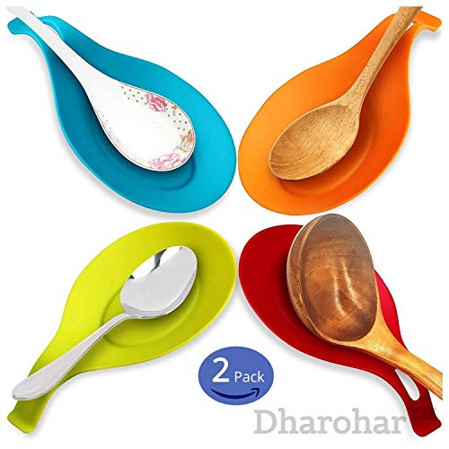 Product Cover DharoharTM Kitchen Silicone Spoon Rest, Flexible Almond-Shaped Spoon Holder, Cooking Utensil Rest 2-Pack, Vibrant Colors
