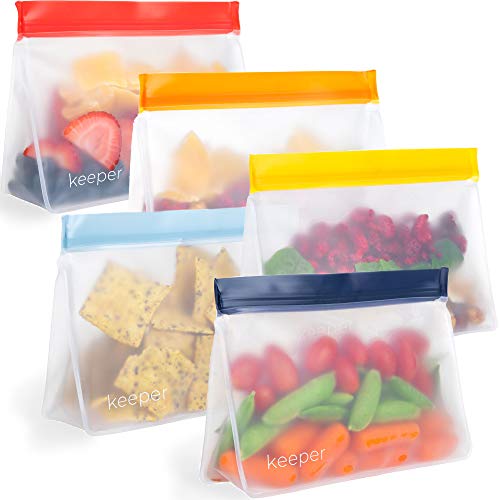 Product Cover Keeper Reusable Snack Bags (Set of 5, 32 oz) - Reusable Sandwich Bags for Kids Are Resealable Thick Reusable Ziplock Bag For Food, Lunch Storage. Freezer Safe Plastic Lunch Baggies are Hand Washable