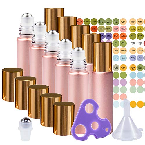 Product Cover Rose Gold Ultimate Essential Oil Roller Bottles Set with Stainless Steel Balls, 10 Pack 10ml Leakproof Glass Bottle with 11 Rollerballs for Perfume & Aromatherapy Oils 1 Funnel + Opener & 192 Labels