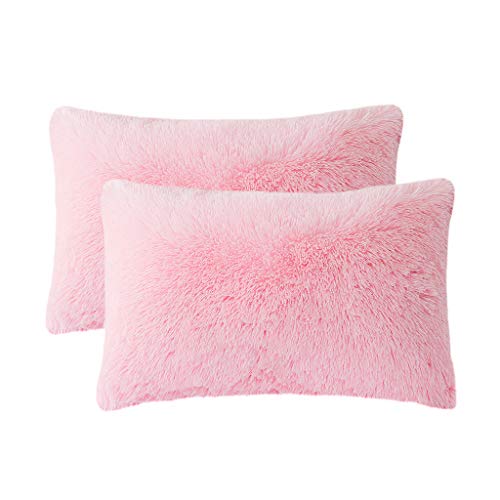 Product Cover LIFEREVO 2 Pack Shaggy Plush Faux Fur Pillow Shams Fluffy Decorative Pillowcases Zipper Closure (Standard Queen Pink)