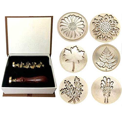 Product Cover Moorlando Wax Seal Stamp Set, 6PCS Botanical Sealing Wax Stamp Brass Heads + 1PC Wooden Handle with a Gift Box Vintage Retro Wax Stamp Sealing for Invitations Cards Letters Envelopes