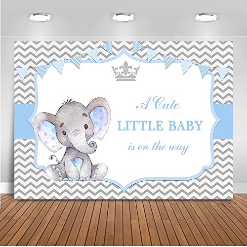 Product Cover Mocsicka Boy Elephant Baby Shower Backdrop 7x5ft Little Baby Elephant Baby Shower Photography Background Grey Chevron Crown Colorful Banner Party Decoration Banner Photography Background