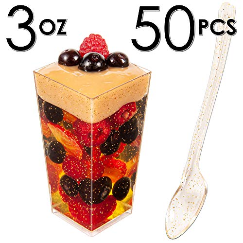 Product Cover DLux 50 x 3 oz Mini Dessert Cups with Spoons, Square Tall - Glitter Plastic Parfait Appetizer Cup - Small Disposable Reusable Serving Bowl for Tasting Party Desserts Appetizers - with Recipe Ebook