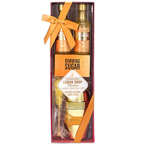 Product Cover Thoughtfully Gifts, Lemon Drop Martini and Candy Cocktail Set, Includes 2 Lemon Drop Mixers 2.35 Ounces Each, Gold Shaker, 1 Ounce Rimming Sugar, and Sugar Crystal Stir Stick (Contains NO Alcohol)