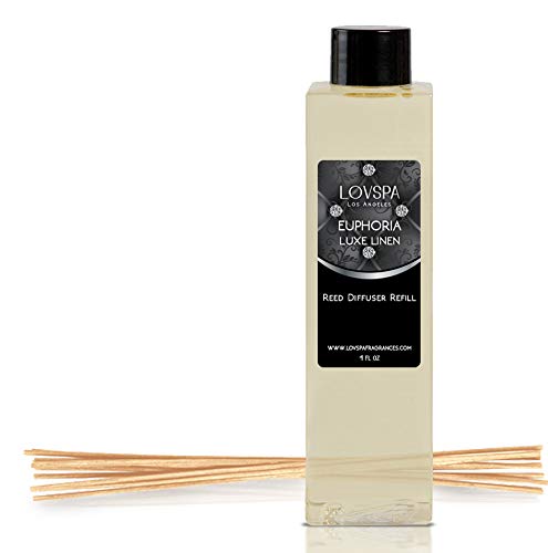 Product Cover LOVSPA Euphoria Luxe Linen Reed Diffuser Oil Refill with Replacement Reed Sticks | Warm Linen, Sweetened Herbal Tea & Creamy Sandalwood | 4 oz | Made in The USA