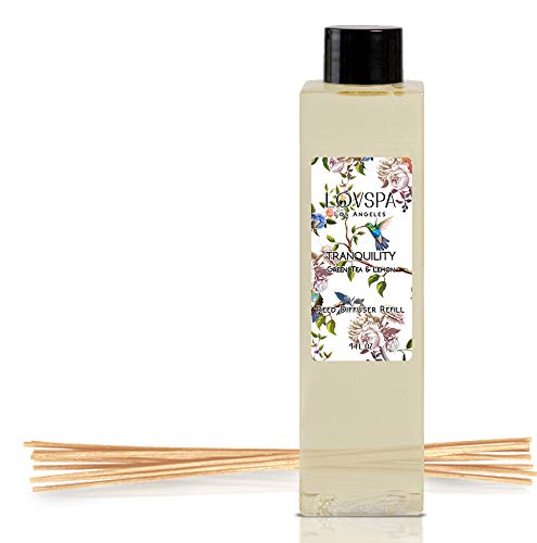 Product Cover LOVSPA Tranquility Green Tea & Lemongrass Reed Diffuser Oil Refill with Replacement Reed Sticks | Clear, Crisp, Lively Green Tea and Lemon | 4 oz | Made in The USA