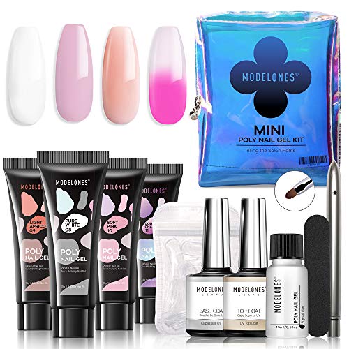 Product Cover Modelones Poly Nail Gel Kit Mini French Enhancement Builder Color Changing Acrylic Extension for Travel - Including 4 Colors, Brush Pen, Slip Solution, Nail File, Dual Forms Set for Starter
