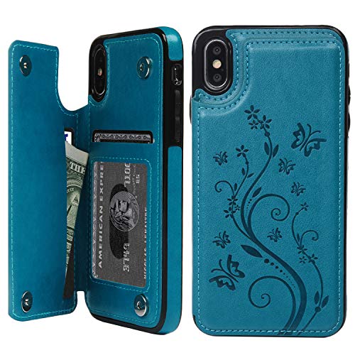 Product Cover iPhone X Card Holder Case, iPhone Xs Wallet Case PU Leather Kickstand Cover TPU Shockproof Shell with Credit Card Slot Durable Protective Skin for iPhone X & iPhone Xs, Blue