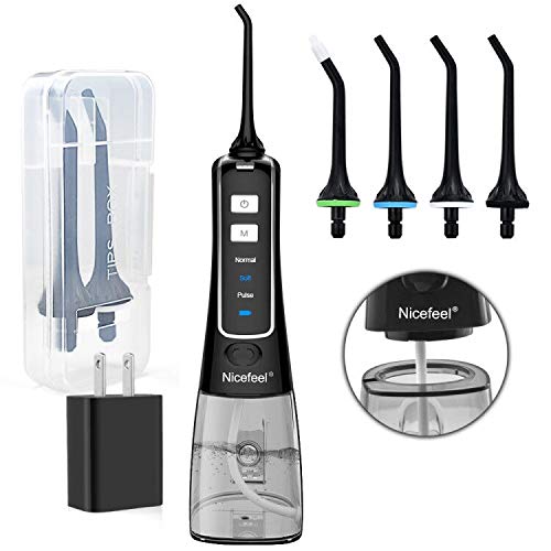 Product Cover Cordless Water Flosser Teeth Cleaner, Nicefeel 300ML USB Rechargable Portable Oral Irrigator for Travel,Home 3-Modes IPX7 Waterproof Water Dental Flosser with 4 Jet Tips for Braces and Teeth Whitening