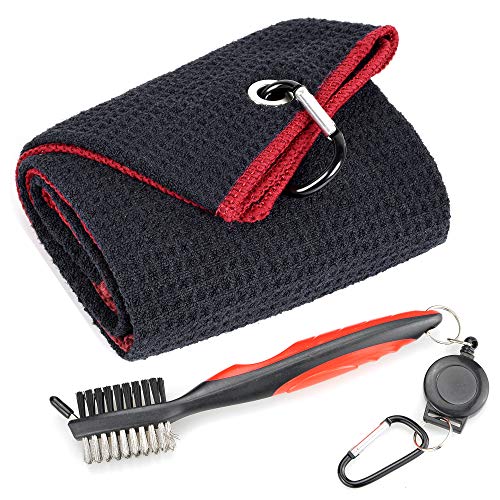 Product Cover Mile High Life Microfiber Waffle Pattern Tri-fold Golf Towel | Brush Tool Kit with Club Groove Cleaner, Retractable Extension Cord and Clip (Black w/red Towel+Red Brush)