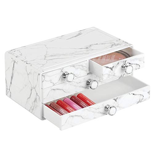 Product Cover mDesign Decorative Wide Plastic Makeup Organizer Storage Station with 4 Drawers for Bathroom Vanity, Countertop, Cabinet - Holds Lip Gloss, Eyeshadow Palettes, Brushes, Blush, Mascara - Marble