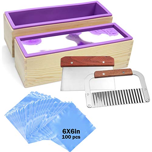 Product Cover Silicone soap molds kit - 2 Pcs Flexible Rectangular Soap Silicone Mold with Wood Box, Stainless Steel Wavy & Straight Scraper for Soaps Making