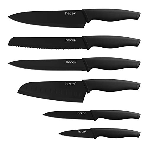 Product Cover hecef Black Oxide Knife Set of 6 with Matching Blade Protective Sheath, Black Oxide Knife Set, Scratch Resistant & Rust Proof, Hard Stainless Steel, Non Stick Black Color Coating Blade Knives