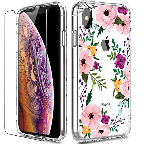 Product Cover iPhone Xs Max Case with Screen Protector, LUHOURI Clear Women Girls Pink Floral Heavy Duty Protective Hard PC Back Case with Slim TPU Bumper Cover Phone Case for iPhone Xs Max 6.5 Inch 2018