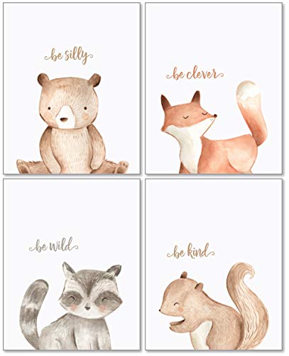 Product Cover Woodland Nursery Wall Decor Art - 8x10 Unframed Set of 4 Prints - Forest Creatures Boy Girl Watercolor Quotes Animal Artwork Posters - Bear Fox Raccoon Squirrel