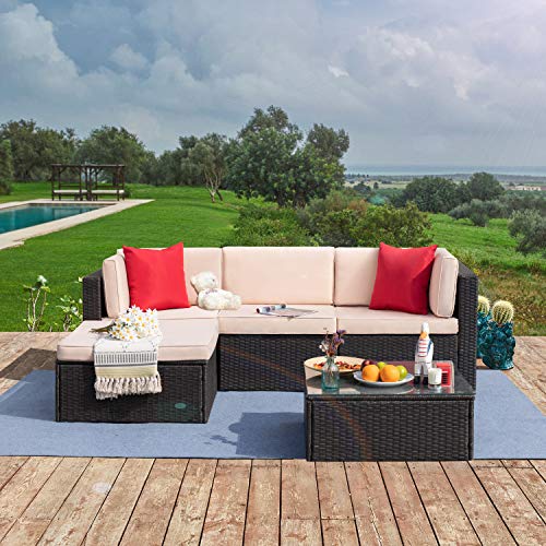 Product Cover Tuoze 5 Pieces Patio Furniture Sectional Set Outdoor All-Weather PE Rattan Wicker Lawn Conversation Sets Cushioned Garden Sofa Set with Glass Coffee Table (Brown)