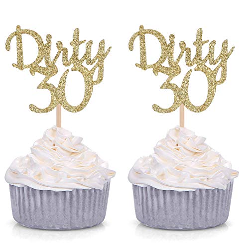 Product Cover 24 Counts Gold Glitter Dirty 30 Cupcake Toppers /Age Thirty Happy 30th Birthday Party Decorations Supplies
