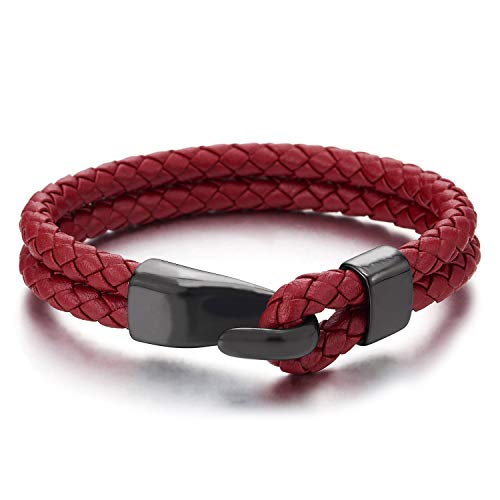 Product Cover COOLSTEELANDBEYOND Mens Womens Two-Row Red Braided Leather Bangle Bracelet Wristband with Black Steel Hook Clasp