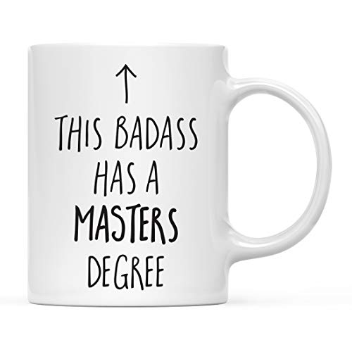 Product Cover Andaz Press 11oz. Graduation Coffee Mug Gift, This Badass Has a Masters Degree, Arrow Graphic, 1-Pack, Includes Gift Box, Cups for Graduates School Students of Class of 2020, Grad Diploma