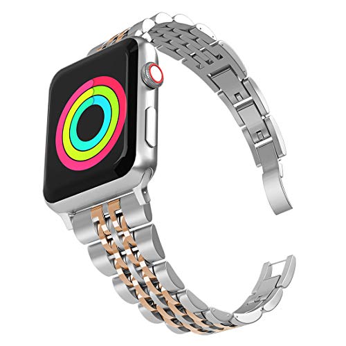 Product Cover Aizilasa Band Compatible with Apple Watch 40mm Series 4, iWatch 38mm Series 3 2 1 for Women Men Stainless Steel Bracelet Adjustable Metal Strap Wristbands (Silver&Rose Gold-38mm/40mm)
