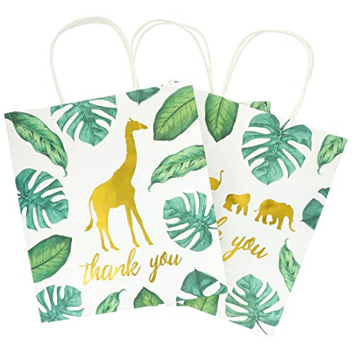 Product Cover Juvale 12-Pack Jungle Safari Animal Thank You Kraft Gift Bags and 20 White Tissue Sheets for Baby Shower, 9 x 8 x 4 Inches