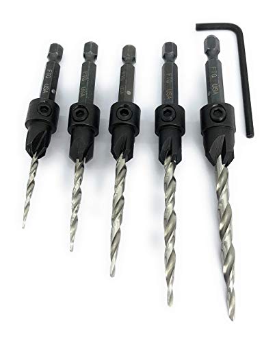 Product Cover FTG Maximum Torque - 5 Piece Adjustable Wood Countersink #4, 6, 8, 10, 12 Value Set with Hex Wrench - Tapered Drill Bits Secured with Pin