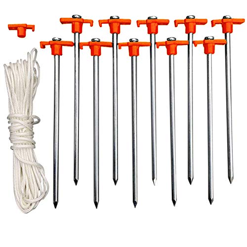 Product Cover Eurmax Galvanized Non-Rust Outdoor Camping Family Tent Pop Up Canopy Stakes 10pc-Pack, Bonus 4x10ft Ropes & 1 Orange Stopper