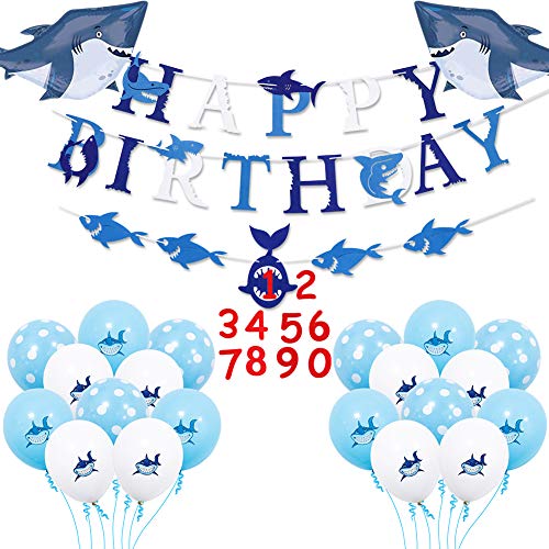 Product Cover UTOPP Shark Birthday Party Decorations, Shark Happy Birthday Banner Under the Sea Ocean Theme Color Shark Balloons Large Shark Mylar Balloons for Kids 1st 2nd 3rd 4th 5th 6th 10th Birthday Supplies