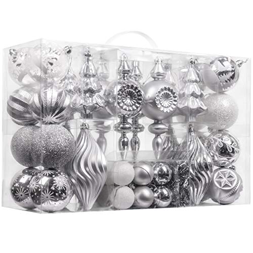 Product Cover Valery Madelyn 70ct Frozen Winter Shatterproof Christmas Ball Ornaments Decoration Silver White, 1.57-5.9 Inch, Themed with Tree Skirt (Not Included)