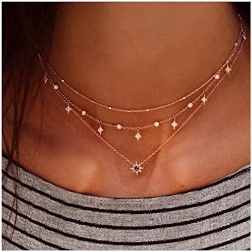 Product Cover Women Star Sun Pendant Necklace Fashion Choker Crystal Tassels Chains Bohemian Jewelry for Girls and Ladies Gold Plated.
