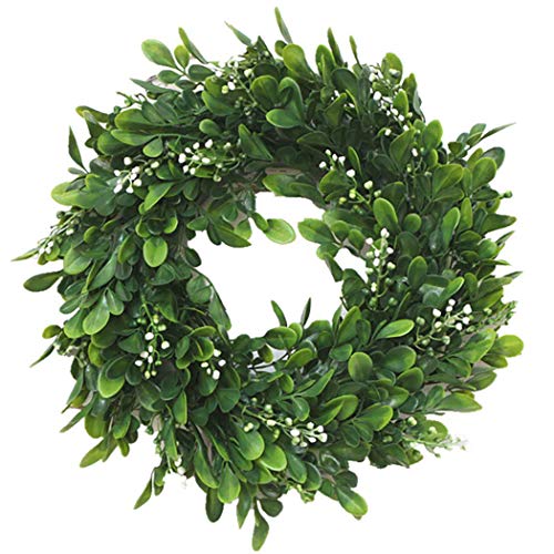 Product Cover Coxeer 10In Artificial Green Leaves Wreath Greenery Hanging Boxwood Wreath for Front Door Wedding Wall Window Party Décor, Indoor/Outdoor Use (10In)