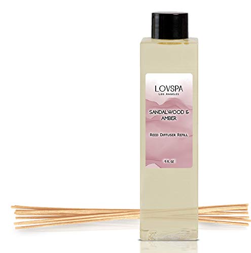 Product Cover LOVSPA Sandalwood & Amber Reed Diffuser Oil Refill with Reed Sticks | Sandalwood & Amber with Notes of Bergamot, Orange, Rose & Violet with Base of Cedarwood & Vanilla, 4 oz | Made in The USA