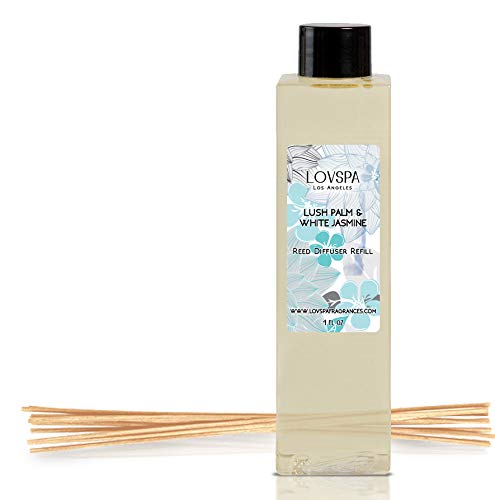 Product Cover LOVSPA Lush Palm & Jasmine Reed Diffuser Oil Refill with Replacement Reed Sticks | Tranquil Scent Made with Premium Essential Oils | Green Palm, Jasmine & Lily of The Valley, 4 oz | Made in The USA