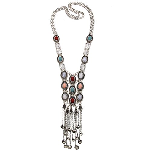 Product Cover Turquoise Long Boho Bohemian Statement Ethnic Tribal Necklace for Women Vintage Retro Rhinestone (Silver)