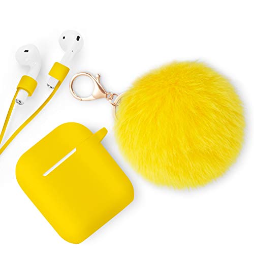 Product Cover Xmifer AirPods Case - Cute Airpods Case Keychain Drop Proof (Silicone Skin for AirPods Charging Case 2/1) with Fluffy Fur Ball Keychain and Airpods Anti-Lost Strap for Airpods 2/1(Yellow)