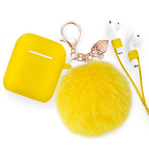 Product Cover Airpods Case Keychain, BLUEWIND AirPod Charging Protective Case, for Apple Airpods 2 & 1 Charging Case, Portable Carrying Earpods Case Strap, Keychain, Soft Fluffy Ball (Yellow)