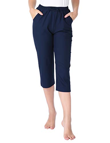 Product Cover CHICIRIS Women's Loose Solid Trouser Elastic Waist Capri Pants for Women with Belt Navy Blue Size S