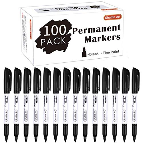 Product Cover Permanent Markers,Shuttle Art 100 Pack Black Permanent Marker set,Fine Point, Works on Plastic,Wood,Stone,Metal and Glass for Doodling, Marking