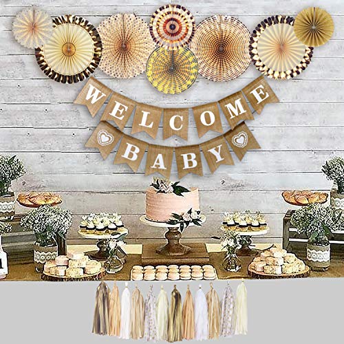 Product Cover YARA Neutral Baby Shower Decorations for Boy or Girl Kit, Rustic Welcome Baby Banner in Burlap, Tassels, Gold and White Gender Reveal Baby Shower Decor Kit, Paper Fans, Party Supplies