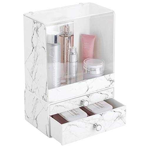 Product Cover mDesign Decorative Stackable Plastic Makeup Organizers for Bathroom Vanity, Countertop, Cabinet - Easy-Access Cosmetic Storage, 2 Drawer Unit and Tall Bin Box with Lid - Set of 2 - Marble
