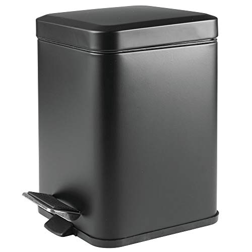 Product Cover mDesign 1.5 Gallon Square Small Metal Step Trash Can Wastebasket, Garbage Container Bin for Bathroom, Powder Room, Bedroom, Kitchen, Craft Room, Office - Removable Liner Bucket - Matte Black