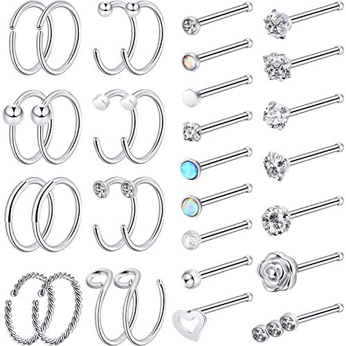 Product Cover Chinco 32 Pieces C-Shaped Nose Ring L-Shaped Hoop Tragus Nose Studs Bone Curved Hoop Tragus Cartilage Hoop Piercing (Style Set 2, Steel Color)