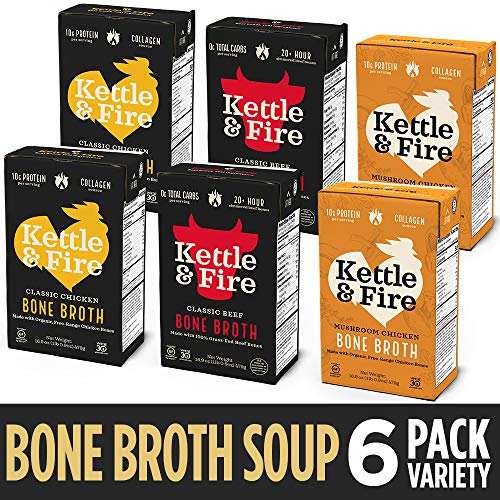 Product Cover Whole 30 Approved Bone Broth 2 Beef, 2 Chicken, and 2 Mushroom Chicken Variety Pack by Kettle and Fire, Keto Diet, Paleo Friendly, Snack Foods, Gluten Free, with Collagen, 16.2 fl oz (Pack of 6) ...