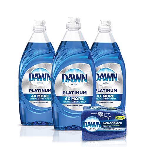 Product Cover Dawn Platinum Dishwashing Liquid Dish Soap (3x24oz) + Non-Scratch Sponge (2 Count), Refreshing Rain, 1 Set