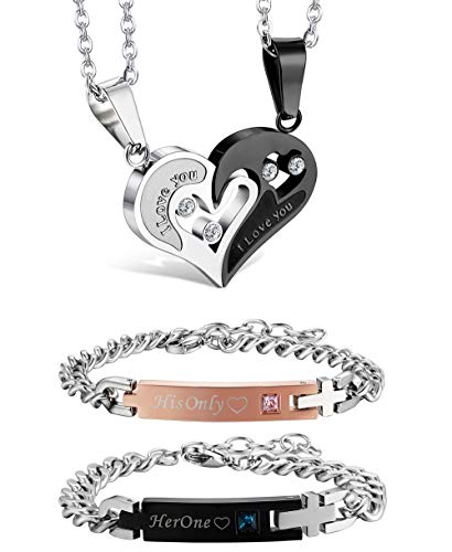 Product Cover Jstyle 4Pcs Couple Necklace Bracelets Matching Set for Women Men Love Heart Pendant Necklace His & Hers Bracelets Couple Gift