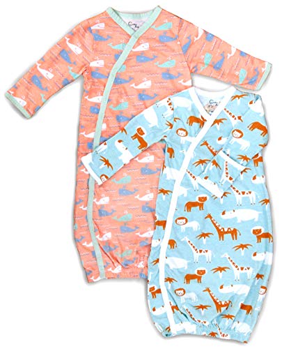 Product Cover Cambria Baby 100% Organic Cotton Kimono Gowns with Easy Change Side Snaps and Built in Mitts. Retro Whale and Zoo Animal Patterns for Boys and Girls. 2 Pack (Size 0-3)