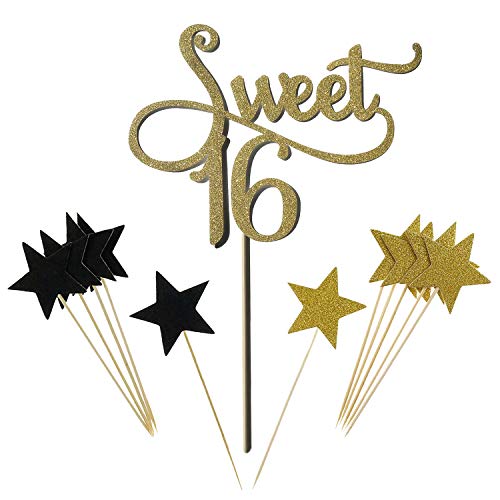 Product Cover Gold Monogram Sweet 16 Cake Topper Glitter Star Cupcake Picks For 16th Birthday Anniversary Party Decoration Supplies by Shxstore