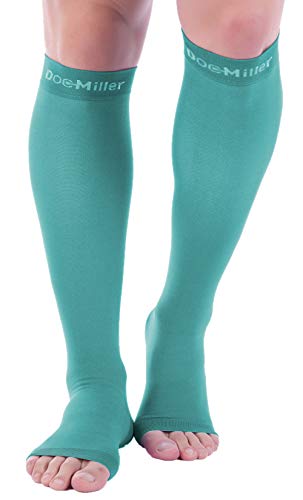 Product Cover Doc Miller Open Toe Compression Stockings - 1 Pair 20-30 mmHg Strong Graduated Support for Circulation Surgery Recovery Varicose Veins Lymphedema (Teal, L)